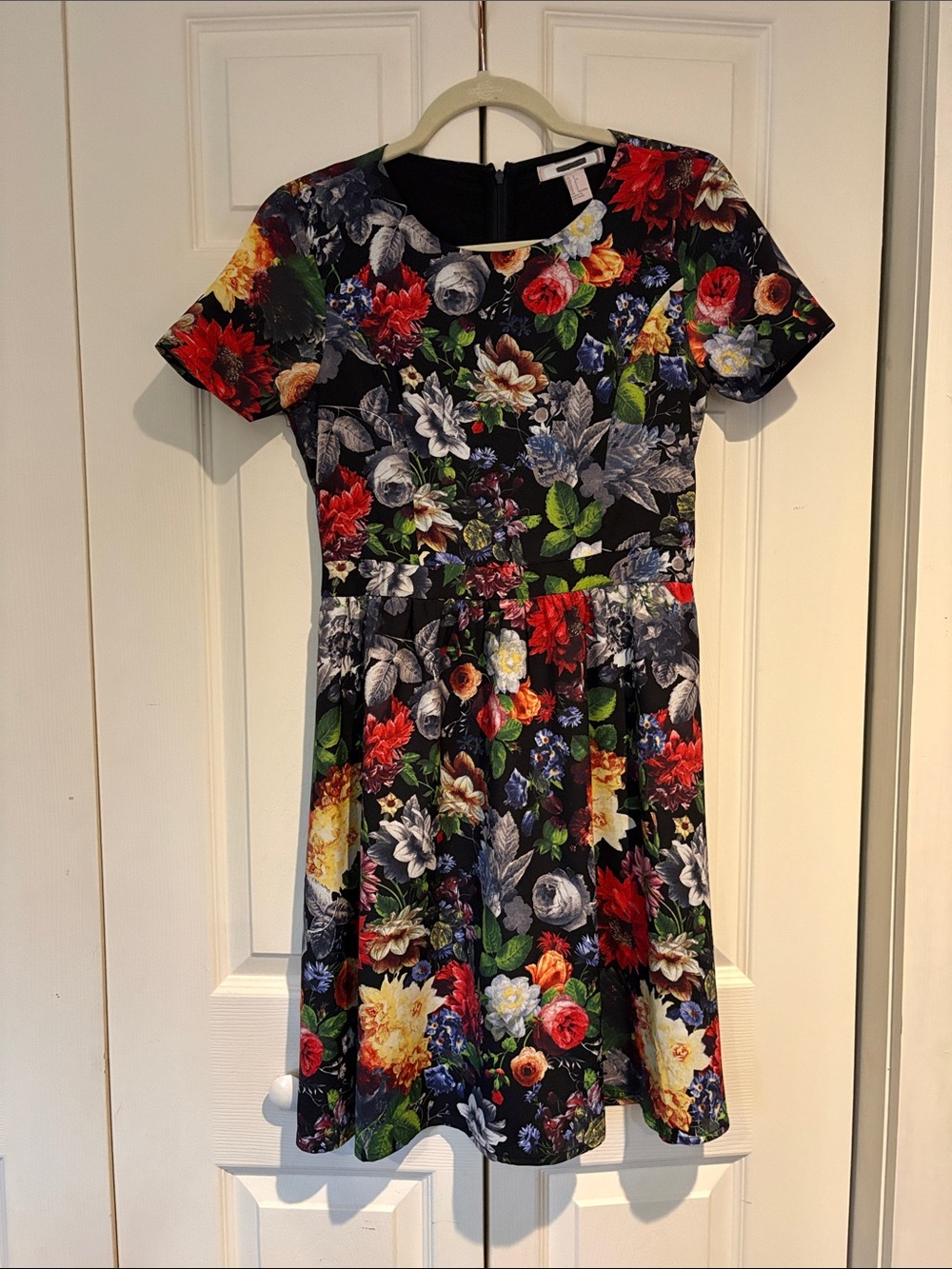 Floral Fit-and-Flare Dress in Black Multicolor